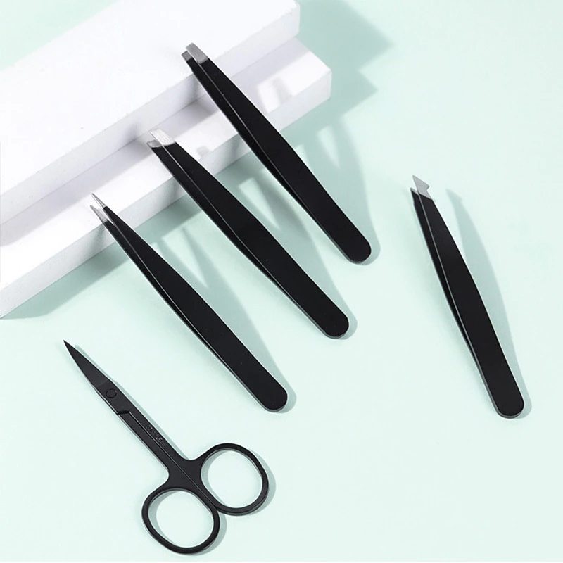 5pcs Eyebrows & Eyelashes Tweezers With Nasal Nose Hair Scissors Makeup Beauty Set