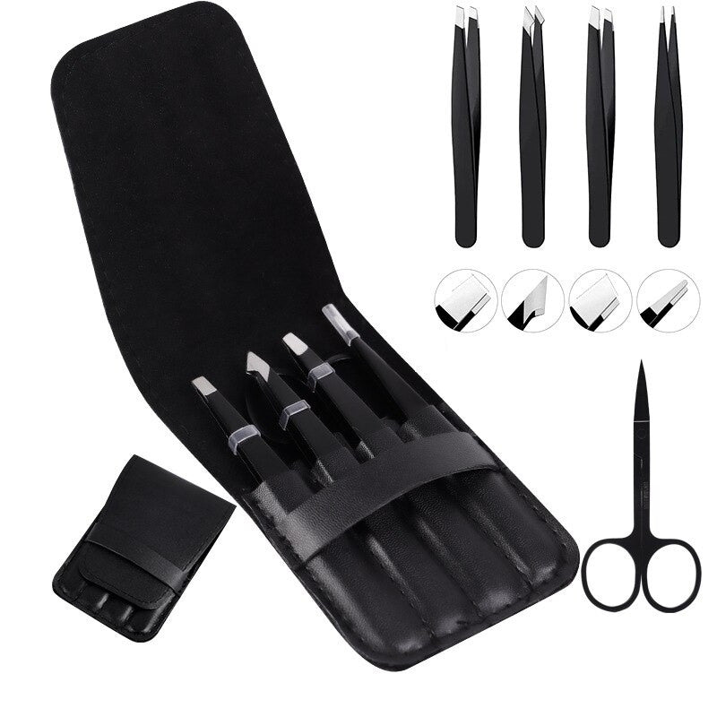 5pcs Eyebrows Tweezers with Nose Hair Scissors Makeup Beauty Set