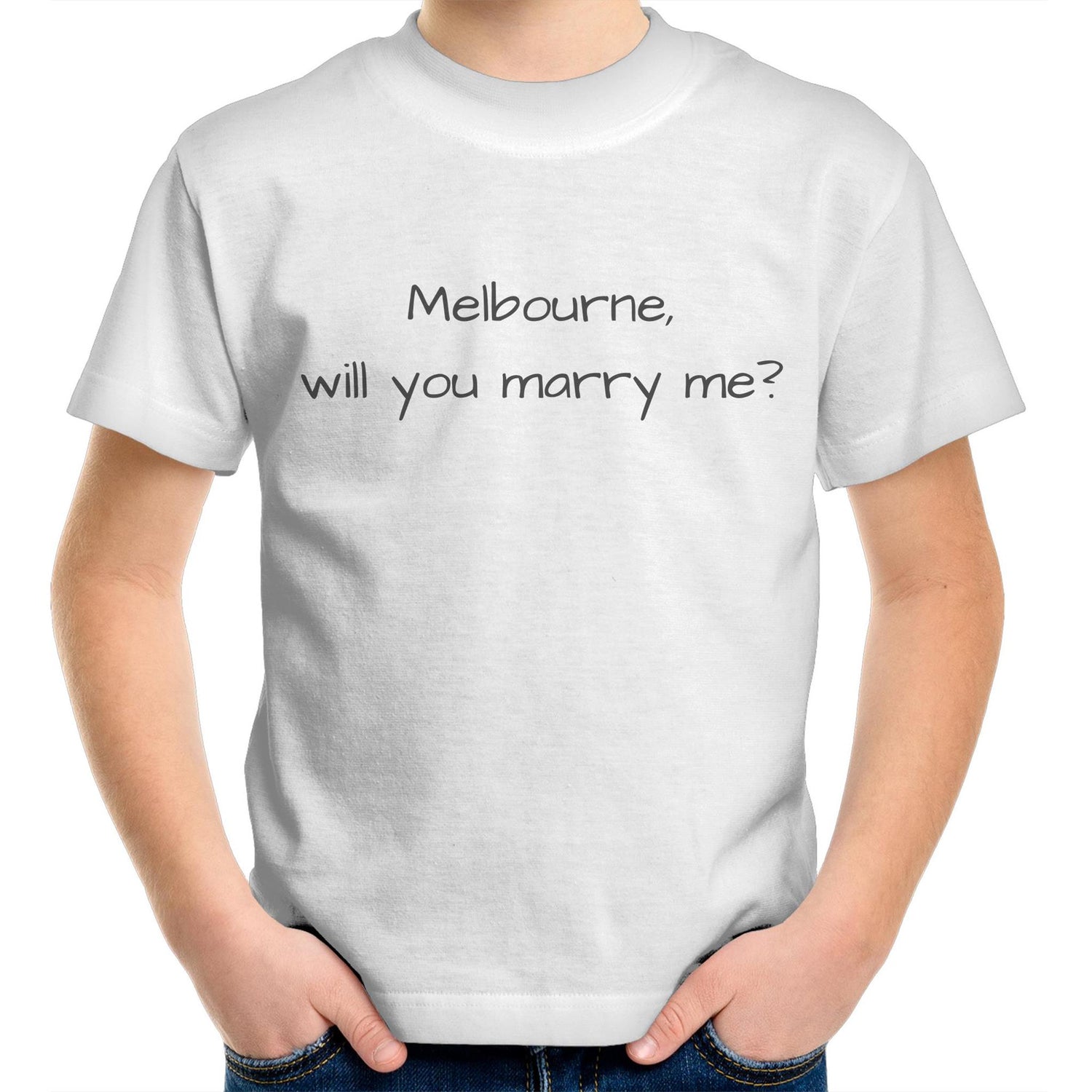 Funny Kids T-shirt "Melbourne, Will You Marry Me?" - Youth Crew Slogan Tee