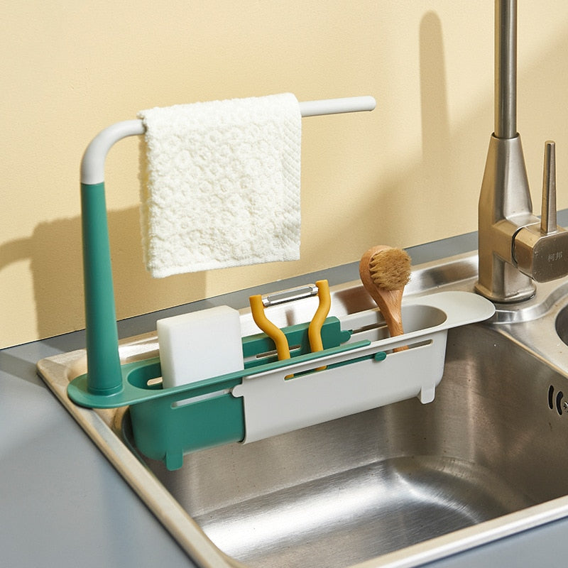 Adjustable Length Kitchen Sink Dishes Rack Sponge Holder Caddy