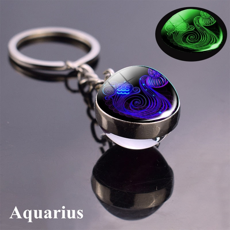 Zodiac Keychain Luminous Glass Star Sign Glow-In-The-Dark Horoscope Charm