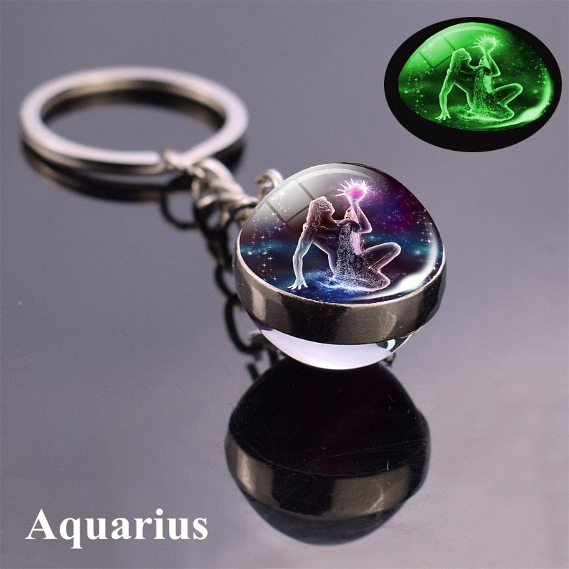 Zodiac Keychain Luminous Glass Star Sign Glow-In-The-Dark Horoscope Charm