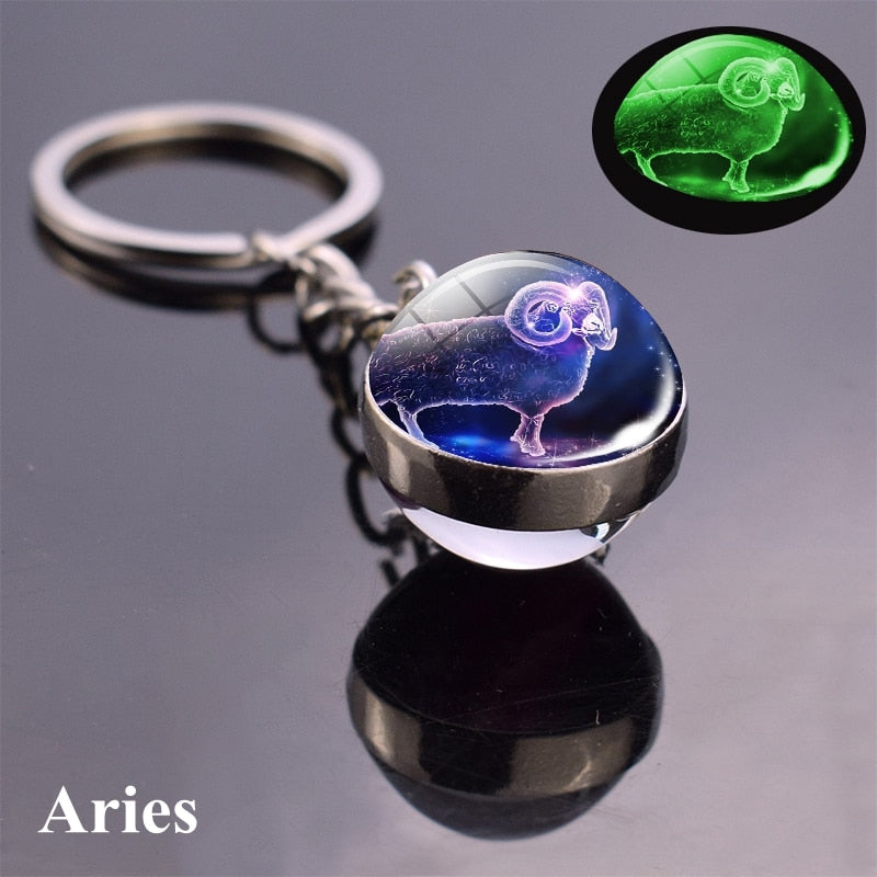 Zodiac Keychain Luminous Glass Star Sign Glow-In-The-Dark Horoscope Charm