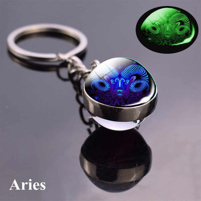 Zodiac Keychain Luminous Glass Star Sign Glow-In-The-Dark Horoscope Charm
