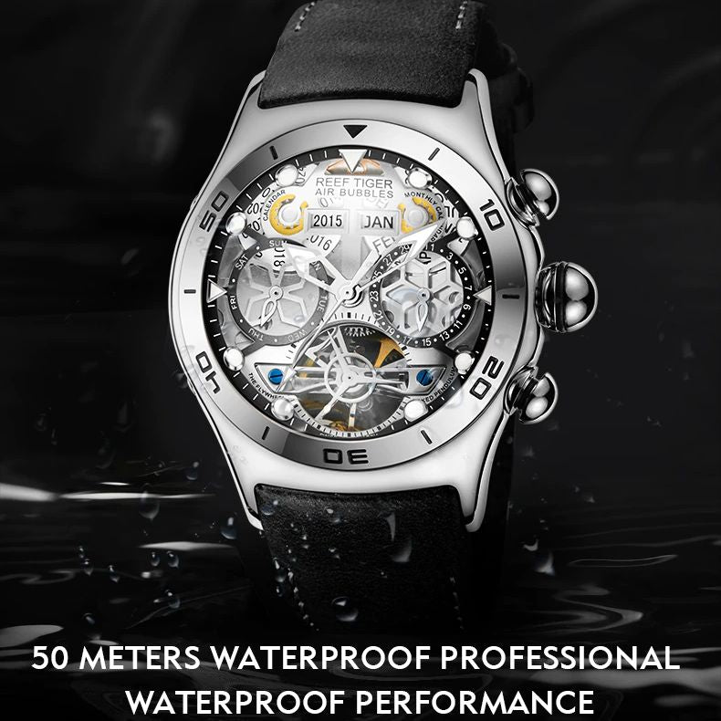 Luxury Skeleton Steel Watch With Sapphire Crystal Dome Face