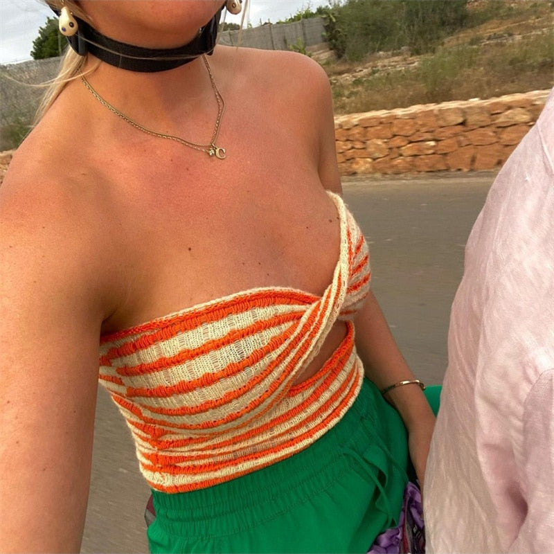 Off Shoulder Crop Bardot Top Knitted Striped Bandeau Tube Strapless Women's