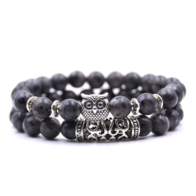 Beaded Bracelet with Owl Charm | Double Layered Lapis Style with Silver Accents
