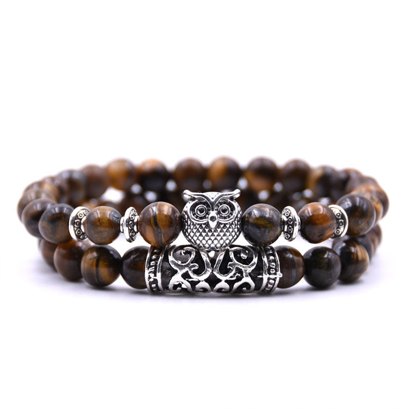 Beaded Bracelet with Owl Charm | Double Layered Lapis Style with Silver Accents