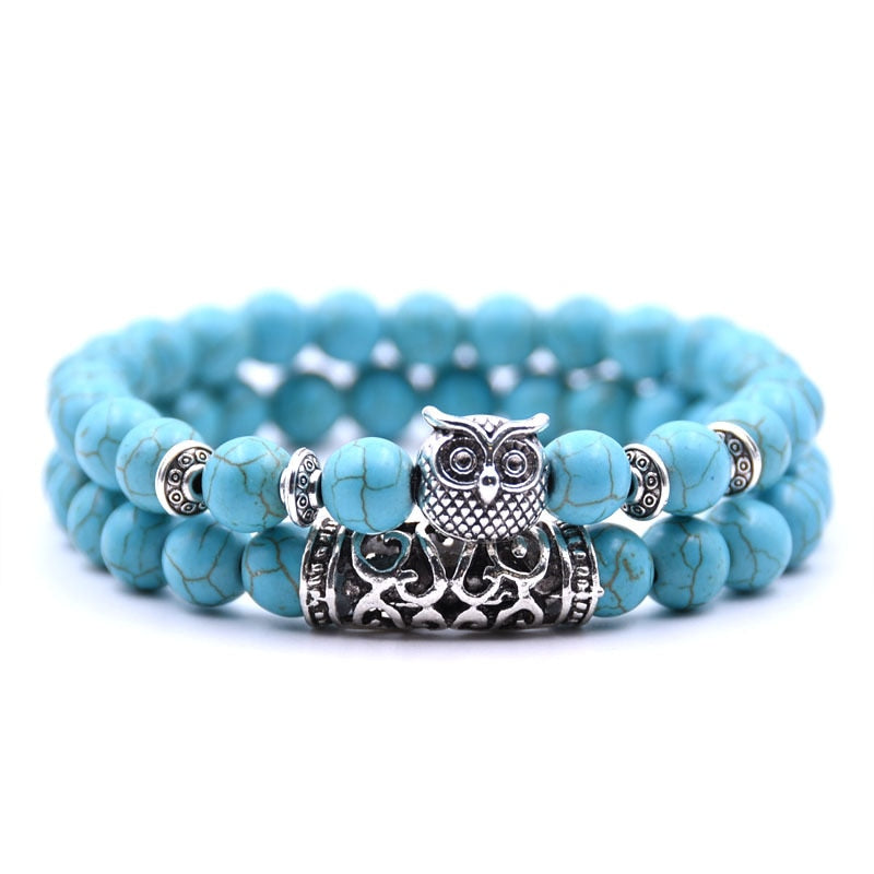 Beaded Bracelet with Owl Charm | Double Layered Lapis Style with Silver Accents