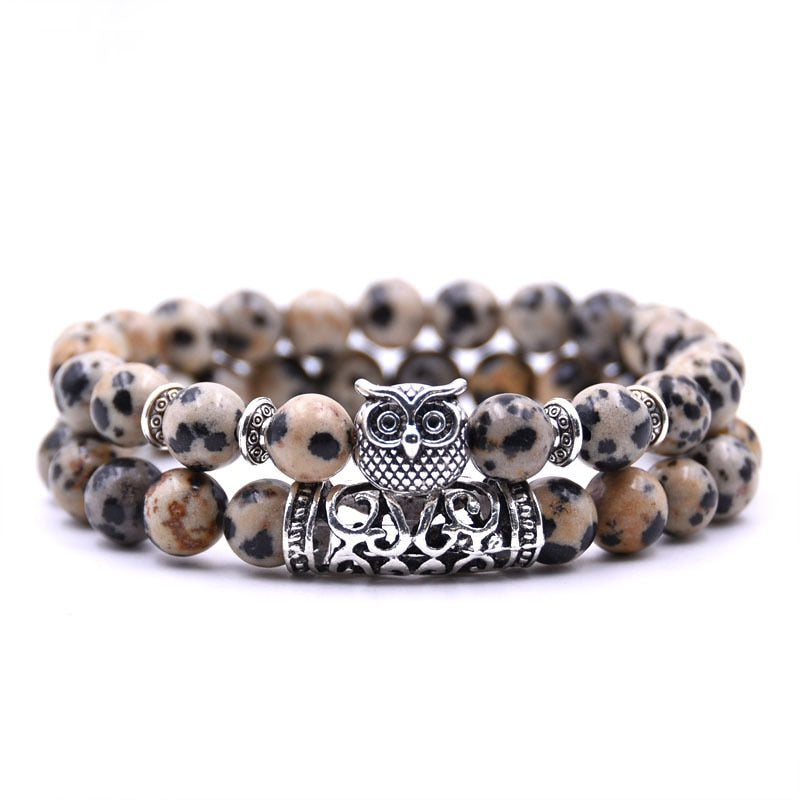 Beaded Bracelet with Owl Charm | Double Layered Lapis Style with Silver Accents