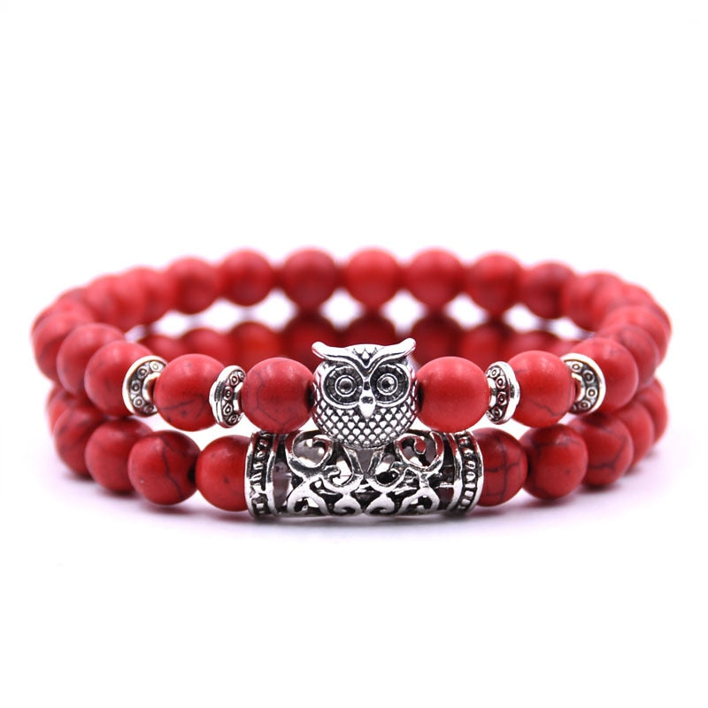 Beaded Bracelet with Owl Charm | Double Layered Lapis Style with Silver Accents