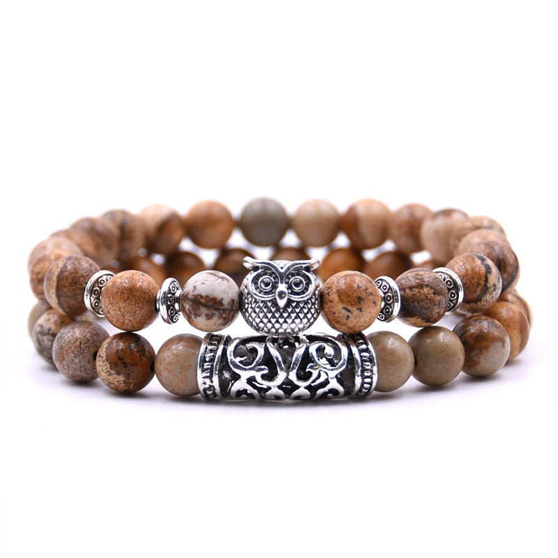 Beaded Bracelet with Owl Charm | Double Layered Lapis Style with Silver Accents