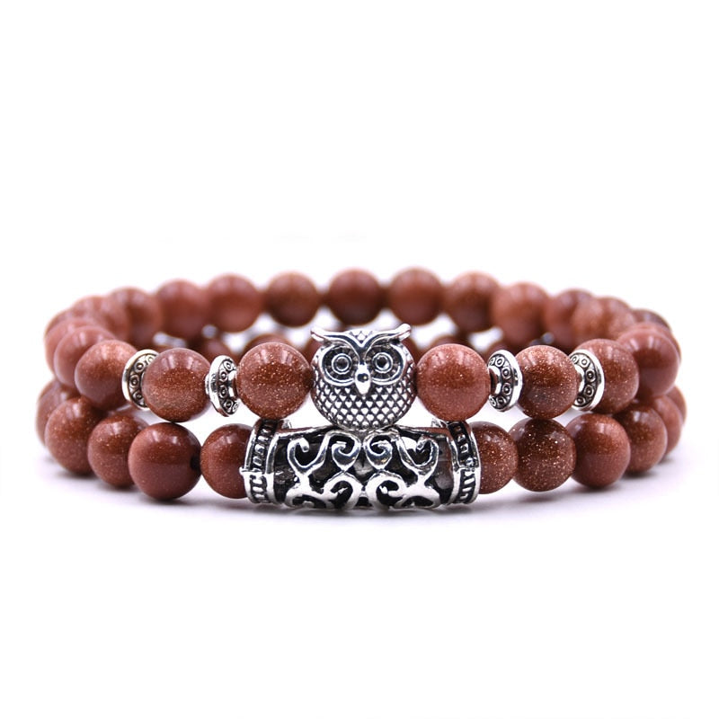 Beaded Bracelet with Owl Charm | Double Layered Lapis Style with Silver Accents