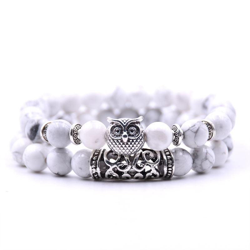 Beaded Bracelet with Owl Charm | Double Layered Lapis Style with Silver Accents