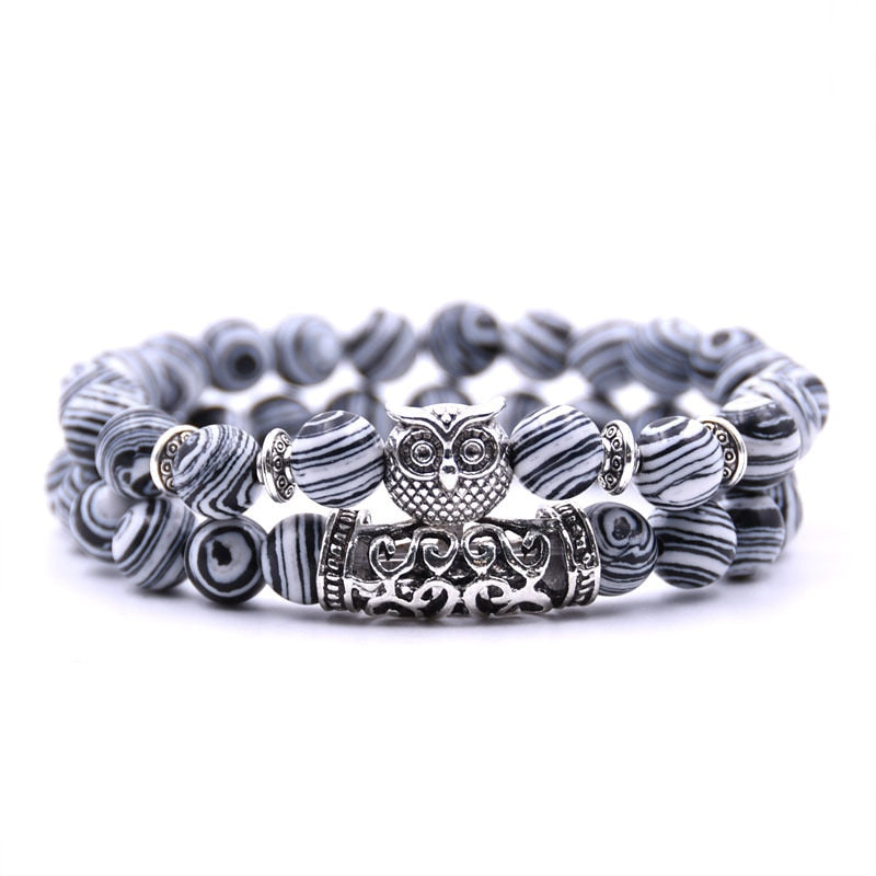 Beaded Bracelet with Owl Charm | Double Layered Lapis Style with Silver Accents
