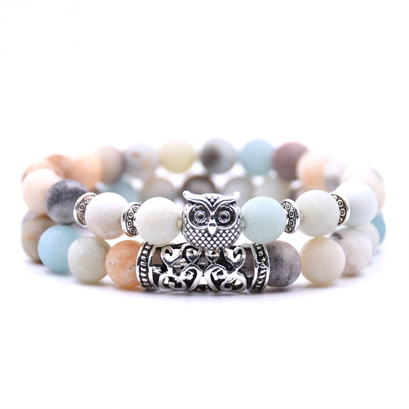 Beaded Bracelet with Owl Charm | Double Layered Lapis Style with Silver Accents
