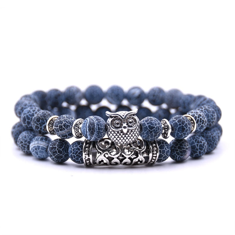 Beaded Bracelet with Owl Charm | Double Layered Lapis Style with Silver Accents