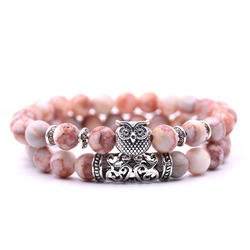 Beaded Bracelet with Owl Charm | Double Layered Lapis Style with Silver Accents