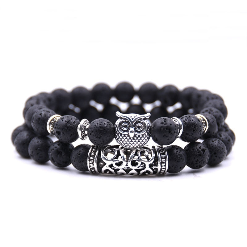 Beaded Bracelet with Owl Charm | Double Layered Lapis Style with Silver Accents