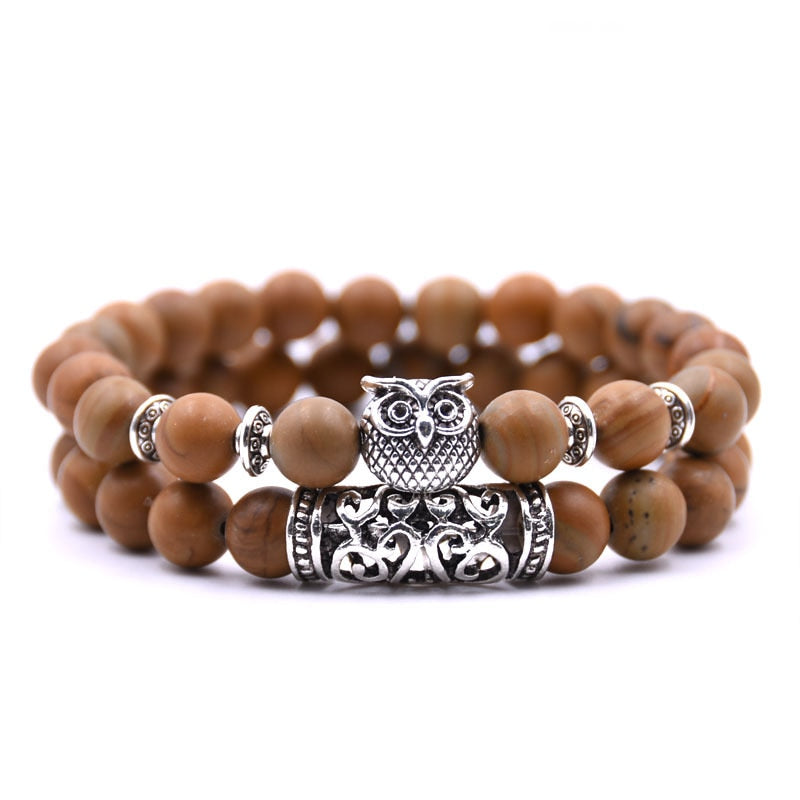 Beaded Bracelet with Owl Charm | Double Layered Lapis Style with Silver Accents