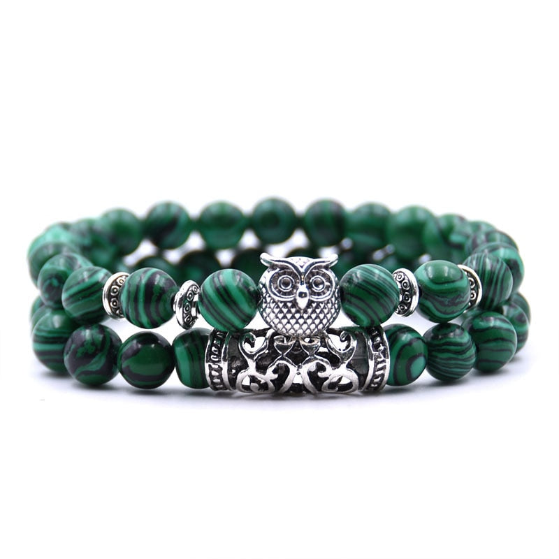 Beaded Bracelet with Owl Charm | Double Layered Lapis Style with Silver Accents