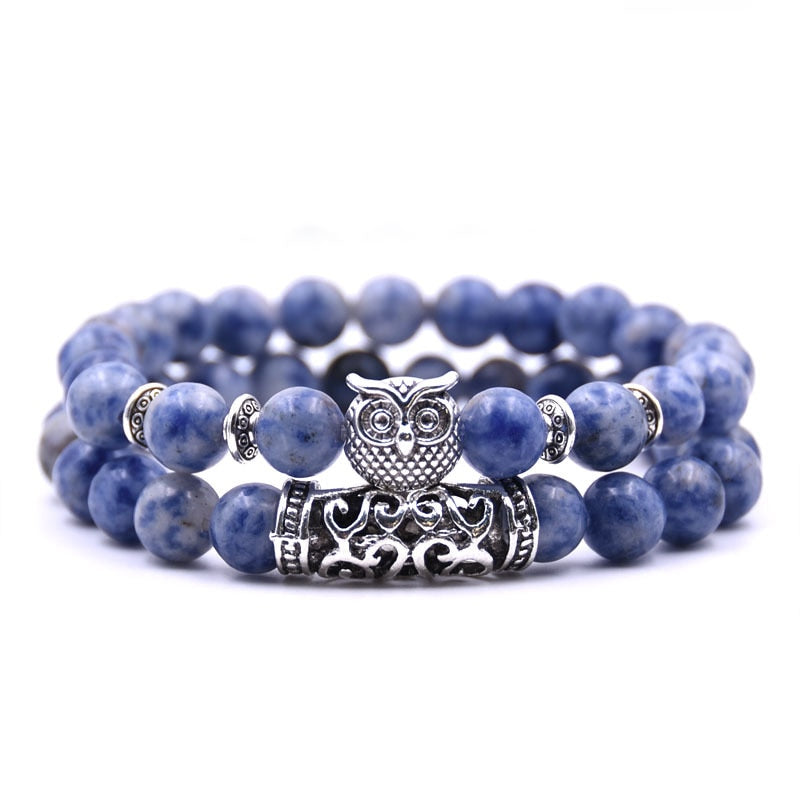 Beaded Bracelet with Owl Charm | Double Layered Lapis Style with Silver Accents