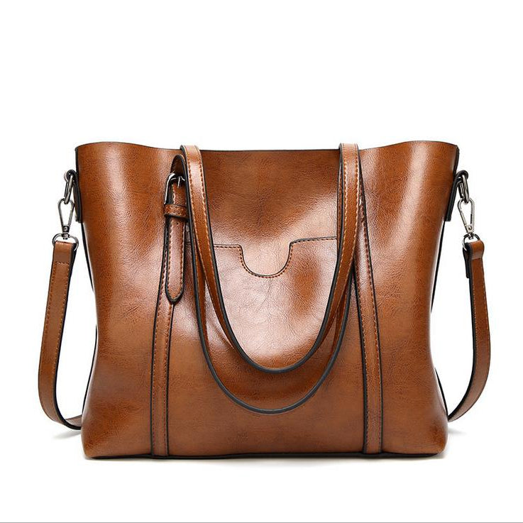 Large-Capacity Leather Tote Busy Mum Bucket Bag Handbag