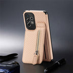 Samsung Phone Case With Leather Carbon Fibre Kickstand and Zipper Storage Pocket