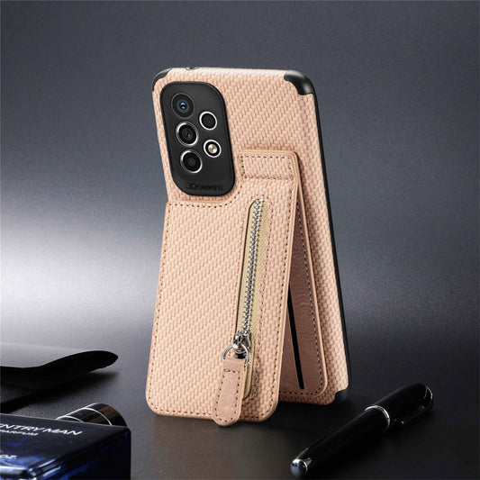 Mobile Cell Phone Case With Leather Carbon-Fibre, Kickstand & Zipper Storage Pocket