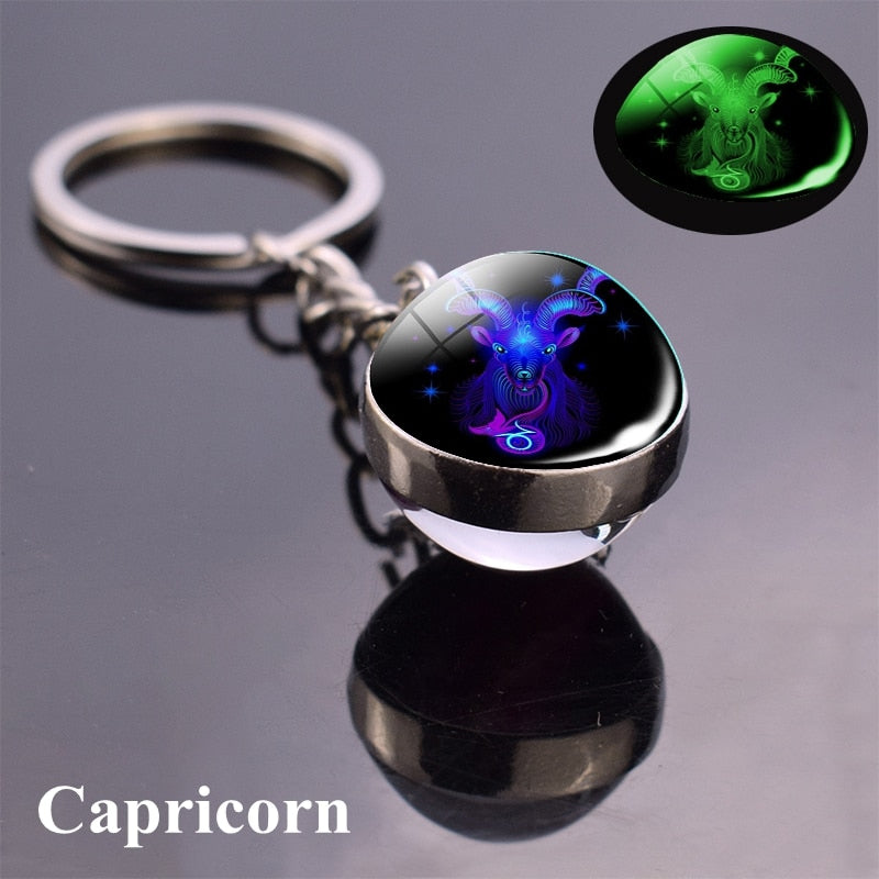 Zodiac Keychain Luminous Glass Star Sign Glow-In-The-Dark Horoscope Charm