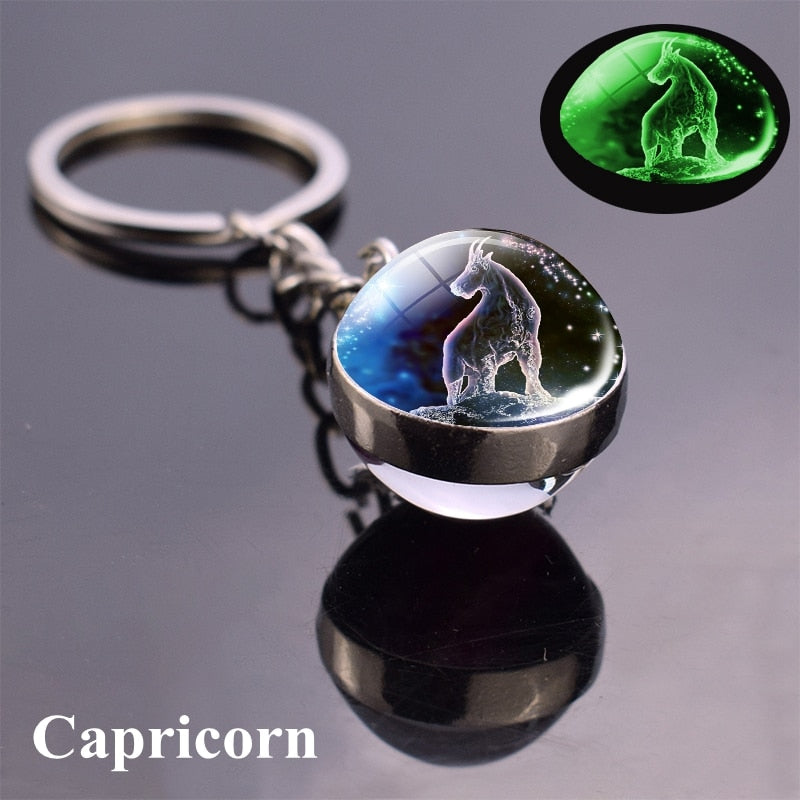 Zodiac Keychain Luminous Glass Star Sign Glow-In-The-Dark Horoscope Charm