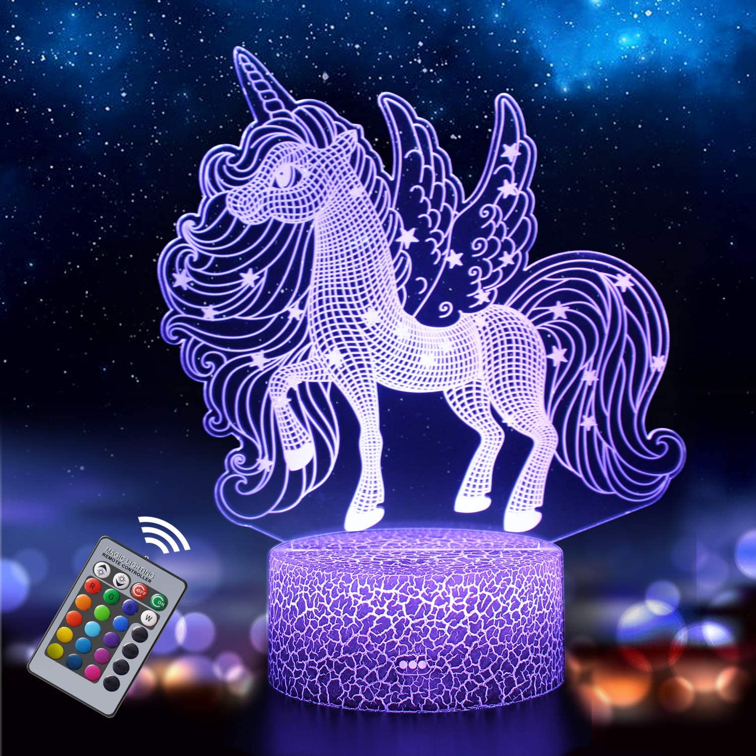 Pink Unicorn Children's Night Light Bedroom Lamp 16 Colours with Remote