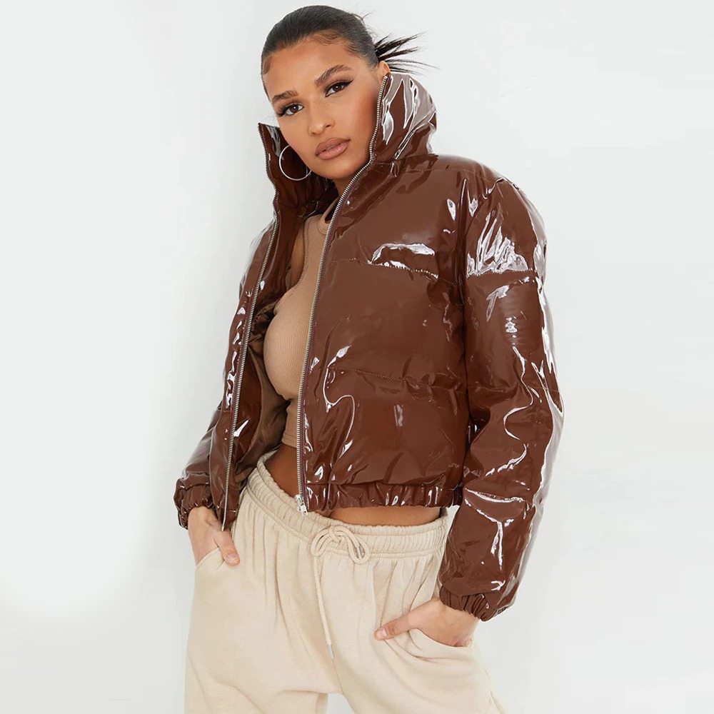 Shiny Bubble Puffer Parker Jacket Crop Top for Women