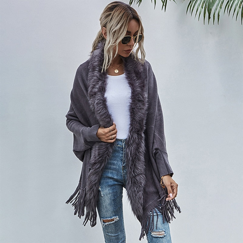 Pashmina Shawl Wrap Throw-Over With Stylish Fur Collar