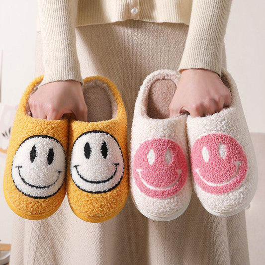 Smiley Face Soft Slippers Happy Fluffy Fur Comfortable Smiling House Shoes