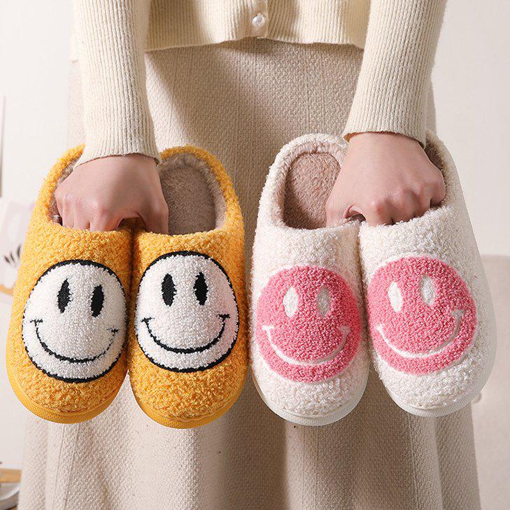 Smiley Face Soft Slippers Happy Fluffy Fur Comfortable Smiling House Shoes