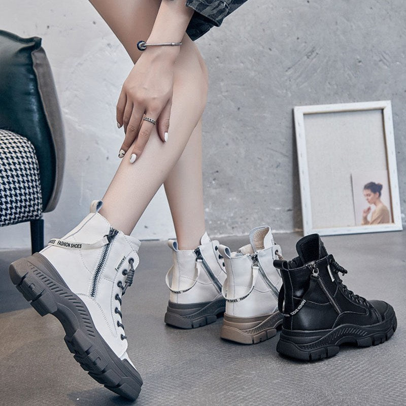 Boots Genuine Leather Fashion Ankle Chunky Thick-Sole