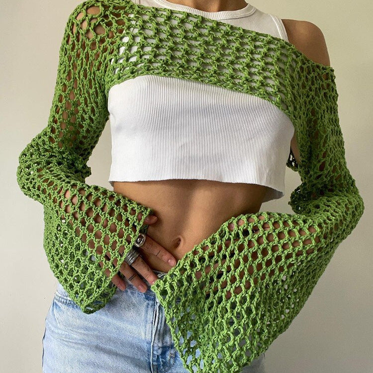 Mesh Crochet Crop Top Knit Throw On