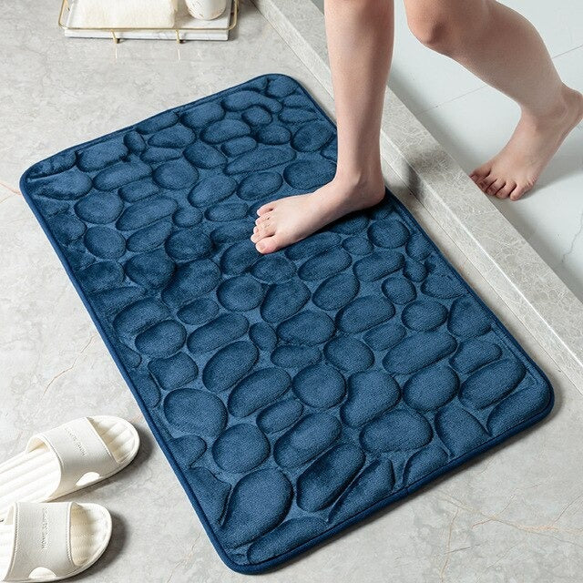 Fluffy Bath Mat Cobblestone Memory Foam Coral Velvet Non-Slip Shower Floor Rug