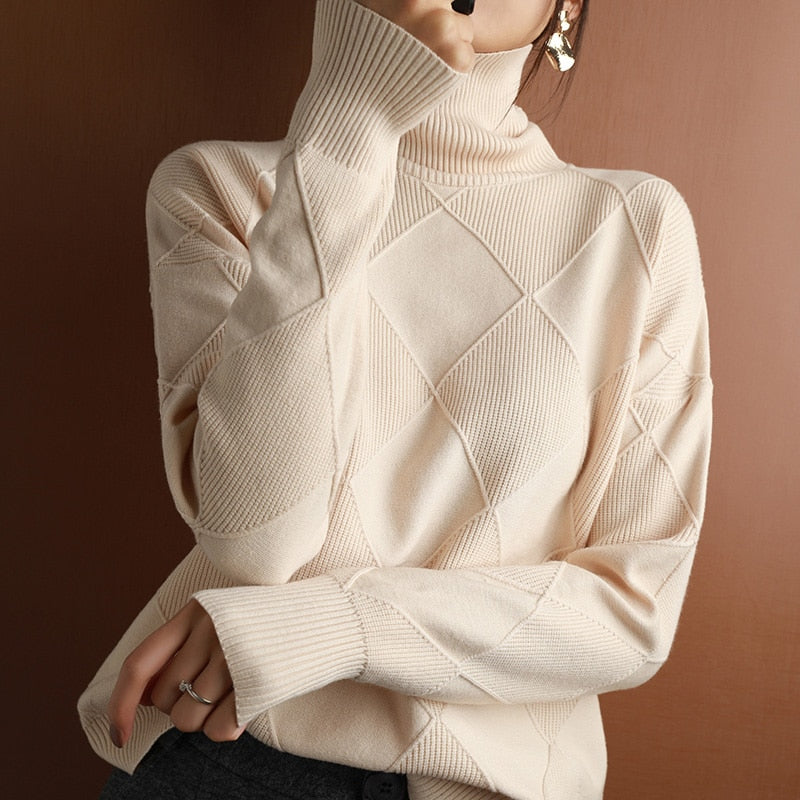 Turtleneck Diamond Argyle Pattern Knitted Drapey Pullover