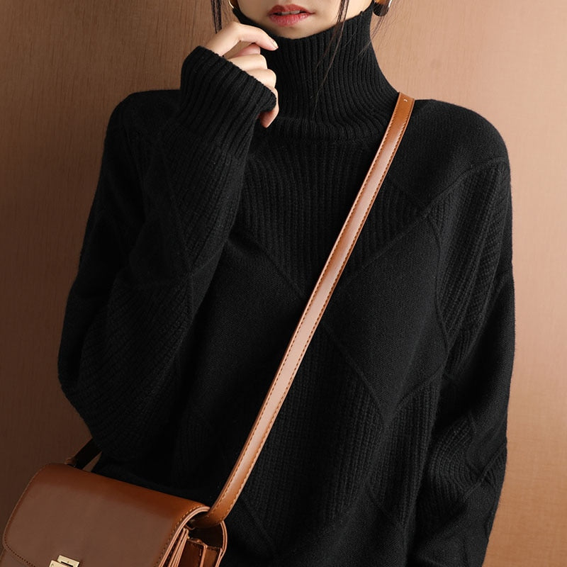 Turtleneck Diamond Argyle Pattern Knitted Drapey Pullover