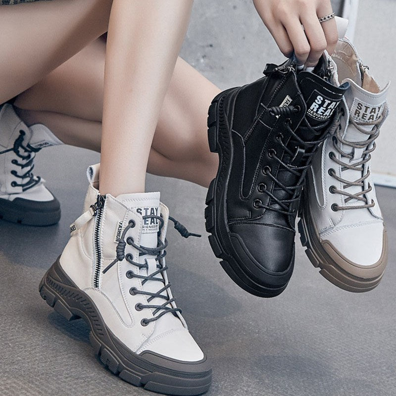 Genuine Leather Fashion Ankle Thick-Sole Chunky Boots