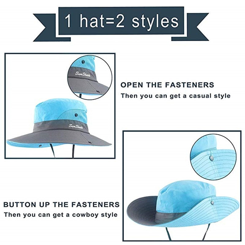 Foldable Safari Sun Slouch Hat With Ponytail Opening Summer Visor Hiking Gardening Protection