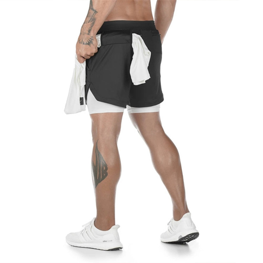 Workout Sports Shorts 2-in-1 Gym Fitness Phone Pocket Towel Hoop