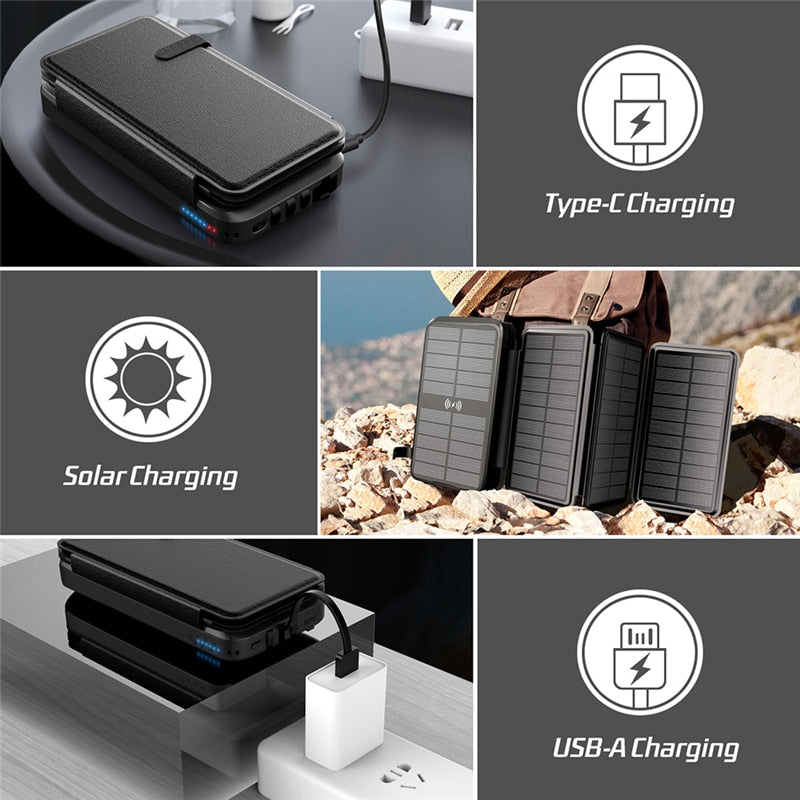 Solar Power Battery Bank Outdoors Phone Fast Charger 43800mAh Off Grid Charging