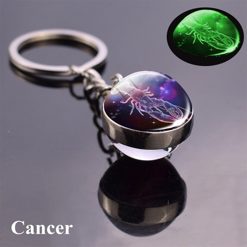 Zodiac Keychain Luminous Glass Star Sign Glow-In-The-Dark Astrology