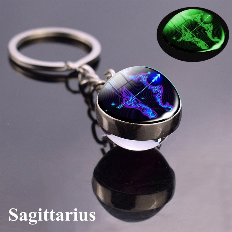 Zodiac Keychain Luminous Glass Star Sign Glow-In-The-Dark Astrology