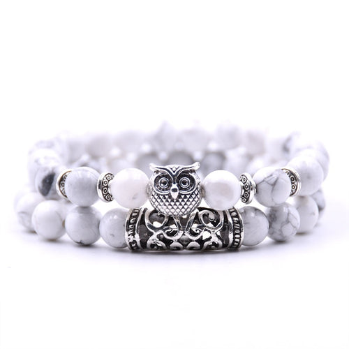 Beaded Bracelet with Owl Charm | Double Layered Lapis Style with Silver Accents