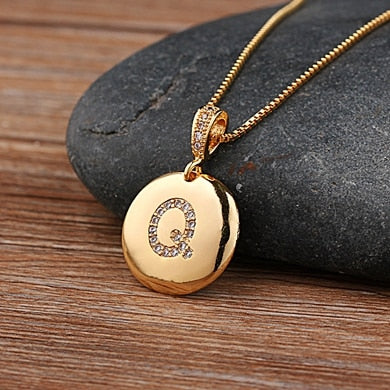 Gold Letter Alphabet Name Initials A to Z Necklace Charm Round Pendant Jewelry