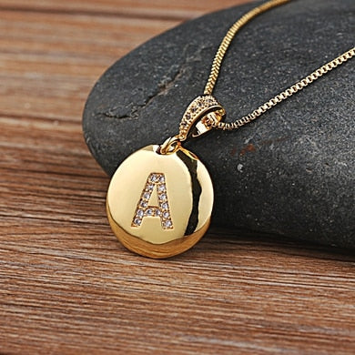 Gold Letter Alphabet Name Initials A to Z Necklace Charm Round Pendant Jewelry